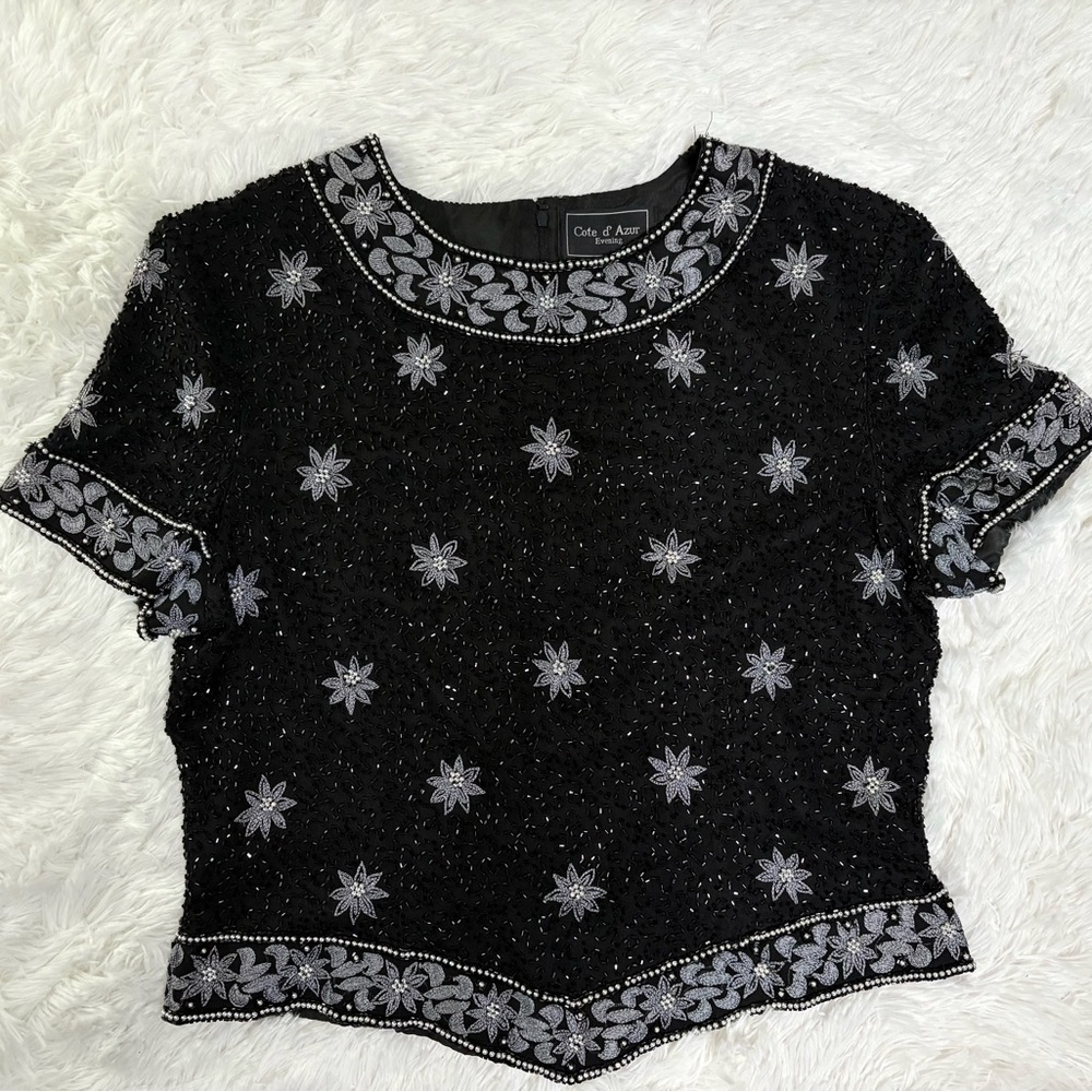 Cote d Azur Vintage Black Beaded Silk Blouse Women’s Size Medium
